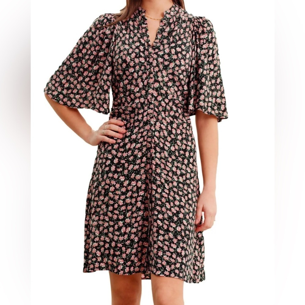 by TiMo Black & Pink Floral Summer Button Down Flutter Sleeve Mini Dress